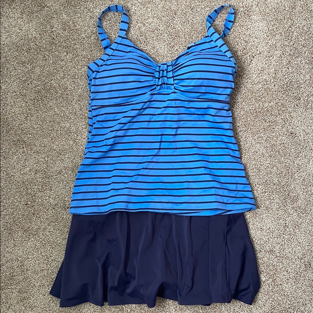 LL Bean Blue Striped Two Piece Swimsuit with Skirt